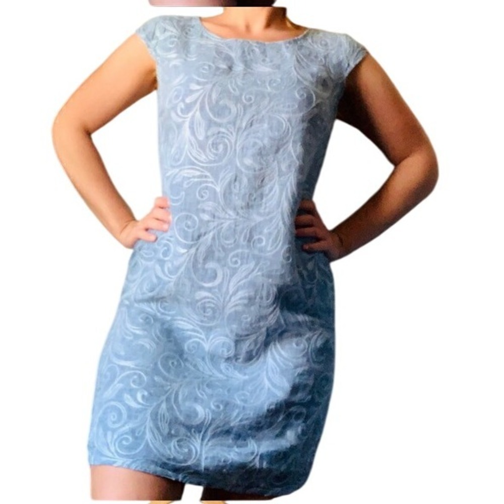 Lina Tomei‎ Blue Linen Embroidered Sheath Dress Italian Made Size Large